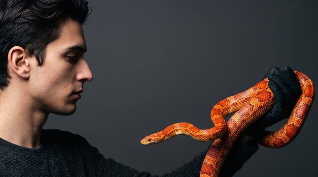 Man in black gloves holding a vibrant orange corn snake against a dark gray background