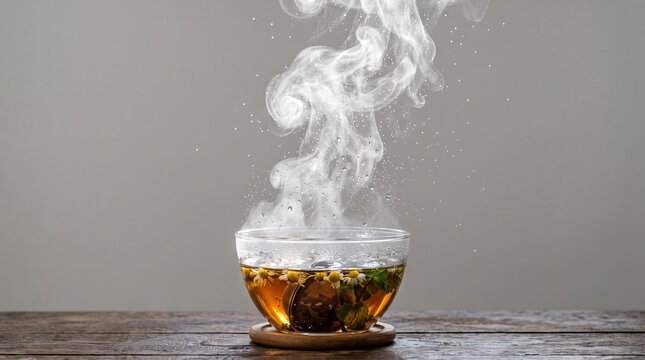 Steaming hot herbal tea with chamomile and mint in a glass bowl