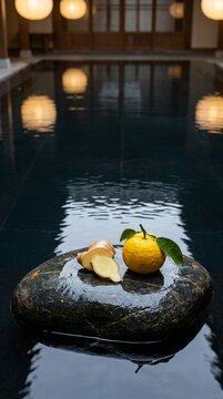 Vertical Spa Wellness Ingredients: Sliced Ginger and Yuzu on Stone with Lantern Ripples