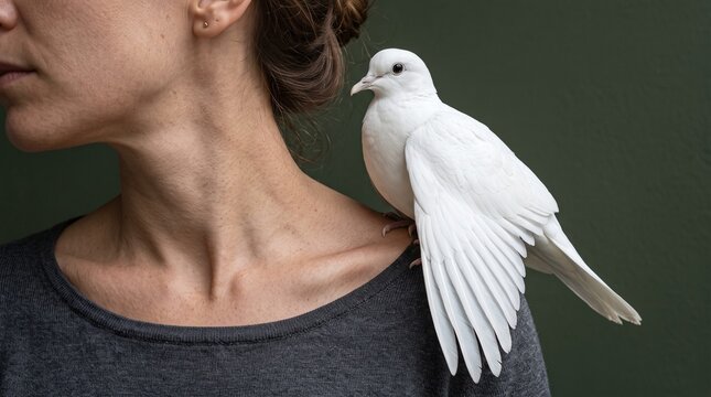 Woman with white dove perched on her shoulder peaceful connection