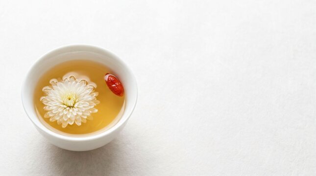 Traditional Medicine Tea: Chrysanthemum Flower and Goji Berries in White Tea Bowl on Washi