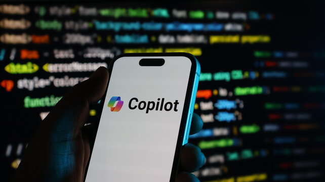 Hand holding smartphone with copilot app on screen in front of coding background with colorful code