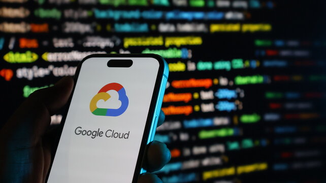 Hand holding smartphone with google cloud logo on screen with coding background