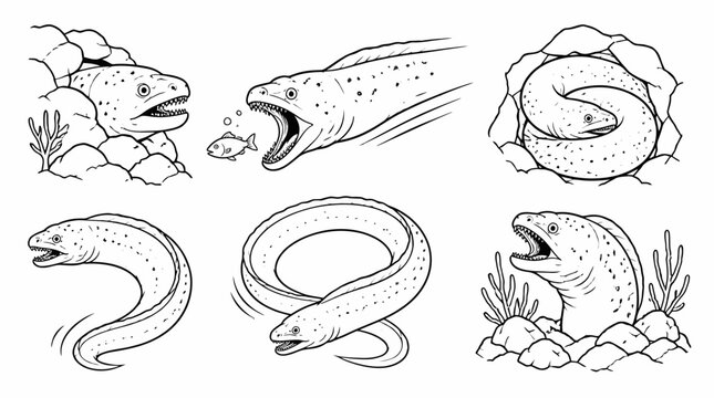 Moray Eel Set in Various Poses, Monochrome Line Art Vector Illustration
