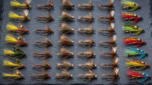 Collection of colorful fishing flies arranged on a dark slate surface