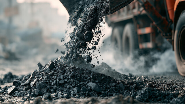 Fresh hot asphalt mix being poured from dump truck onto prepared road base at construction site, material delivery concept. Ai generated