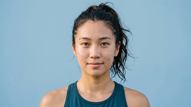 Young Asian Woman Sweaty After Workout Smiling Confidently Against Blue Background