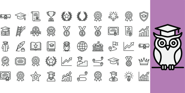 Modern education line icons set, academic achievement and graduation symbols, 50 school and university vector elements for e-learning apps