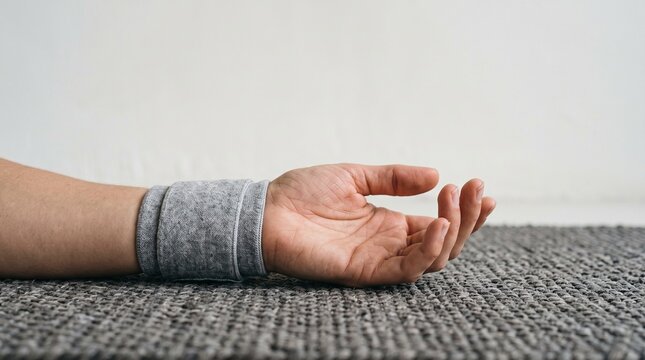 Person wearing a wrist brace for support and recovery lying on a textured surface