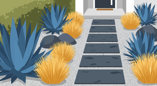 Blue agave and yellow ornamental grass in a modern desert garden landscape