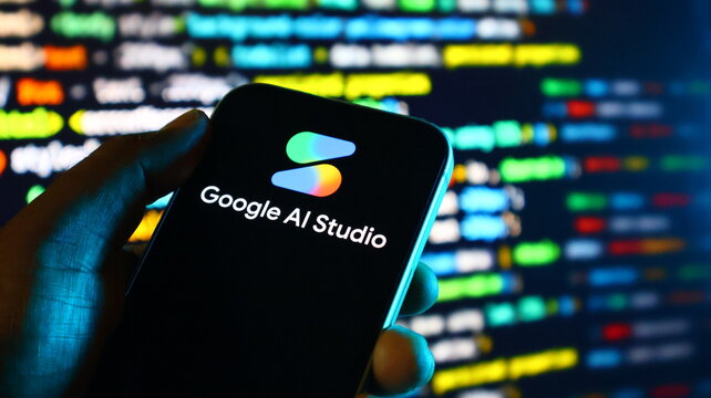 Closeup of a hand holding a smartphone displaying the google ai studio logo against a blurred background of computer code
