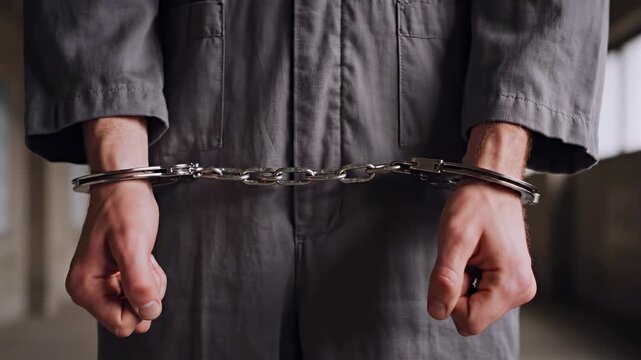 Handcuffs clinking close-up while prisoner walks, supporting custody transfer, arrest procedure, detention processing, law enforcement training, prison security, and criminal justice media use.