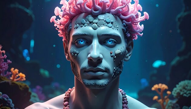 Man with Coral Headpiece Looking Forward Underwater