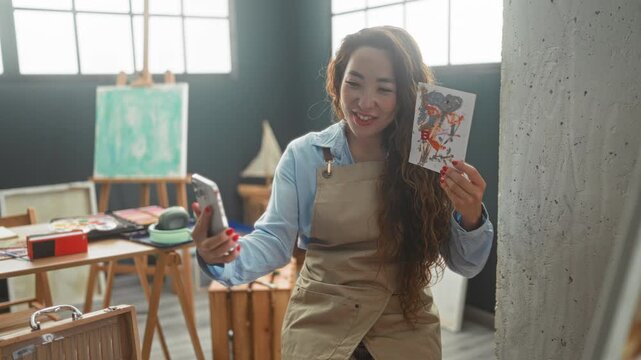 Woman painter in apron holding smartphone and painted card in her hand in an art studio, smiling and showing artwork while posing with her phone; creative joy.