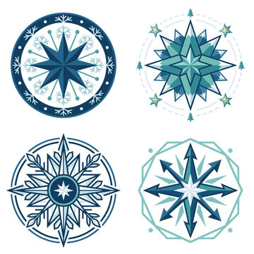 Set of four stylized winter themed compass star icons