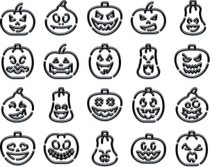 Obraz premium Halloween jack o lantern line icons displaying various spooky and funny facial expressions, collecting a versatile set for autumn holiday design and celebration