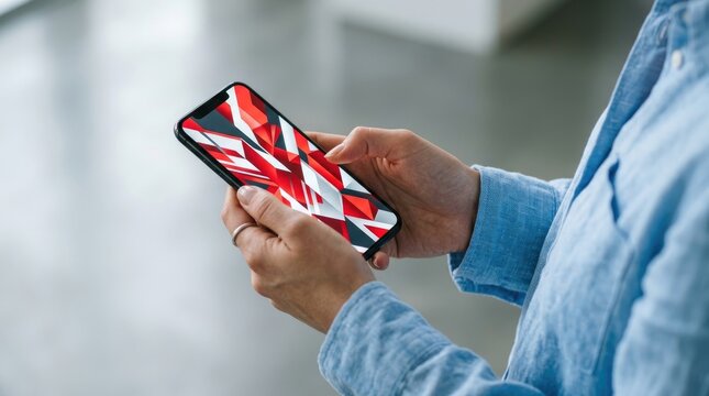 Close up of a person holding a smartphone with a vibrant red and white geometric abstract pattern displayed on the screen in a bright room