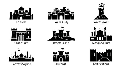 Fototapeta premium Black and white fortified castle icons.