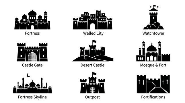 Black and white fortified castle icons.