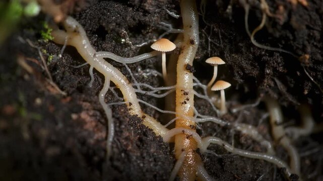 Root System and Nutrient Uptake in Mycorrhizal Symbiosis Showing Fungal Hyphae Interacting with Plant Roots in Dark Soil Macro Close Up