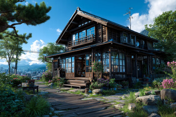 Fototapeta premium traditional farmhouse under clear blue skies, blooming garden, countryside tranquility, cinematic anime scenery, highly detailed environment.
