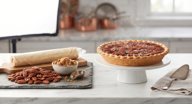 A clean product shot showcasing the raw ingredients vs. the finished classic. On a white marble counter sits a mound of raw pecan halves, a small bowl of dark brown sugar, a roll of buttery pie crust,