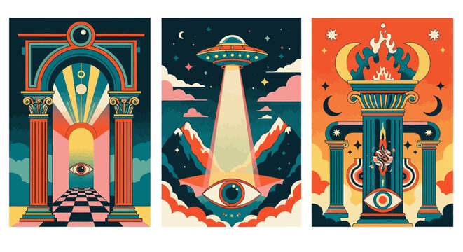 Surrealistic flat vector illustration featuring abstract conceptual elements, geometric patterns, and dreamlike imagery for creative background designs and modern artistic projects.
