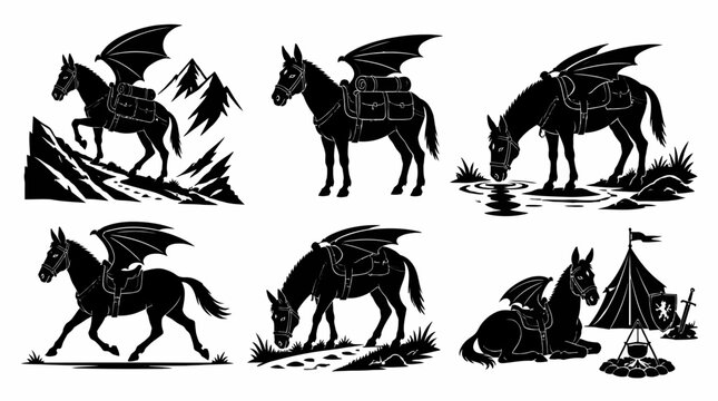 Set of winged mule silhouettes in fantasy adventure settings