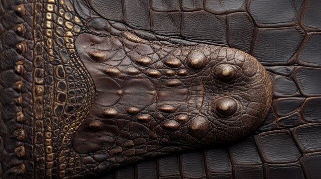 Crocodile skin texture, embossed leather pattern, dark brown luxury material, exotic fashion background, rich detail 