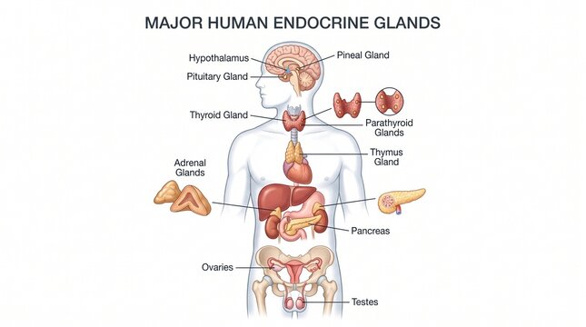 Illustration of Human Endocrine Glands System with Labeled Organs and Hormones in Medical Style