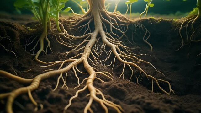 Detailed Root System and Nutrient Uptake in Underground Soil Layers Showing Biological Plant Growth Processes in a Natural Environment
