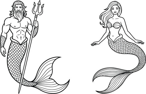 Merman and Mermaid Mythical Character Set with Poseidon King holding a Trident in Black and White Outline for Children Coloring Pages and Marine Vector Designs
