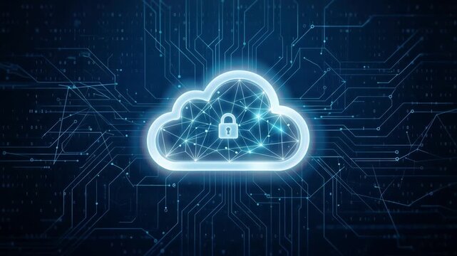 Luminous cloud computing icon floating over dark blue digital background, representing secure cloud technology infrastructure, 4K video