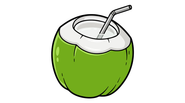 Fresh green young buko coconut juice with straw vector illustration ideal for tropical beverage icon