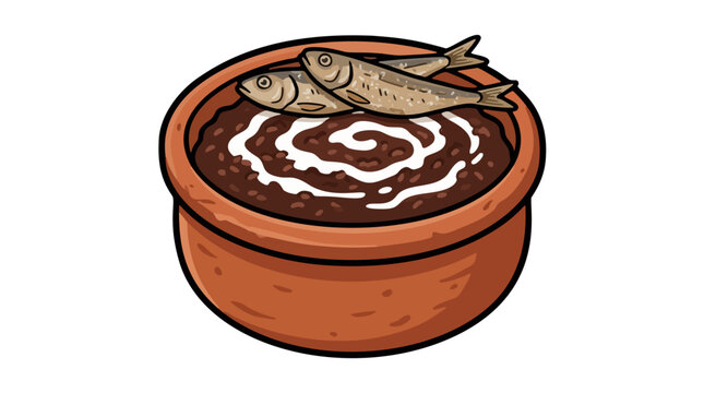 Filipino champorado chocolate rice porridge with tuyo dried fish vector illustration