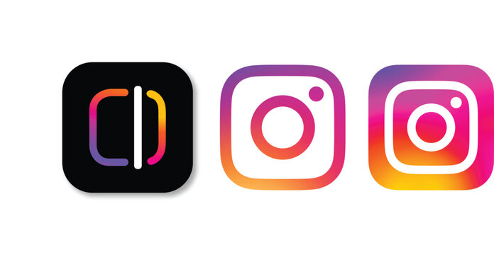 Instagram logo icon collection illustrative editorial. three app icon versions in black gradient and rounded square style. social media platform brand symbol set by Meta. modern camera glyph design