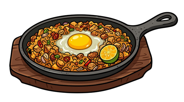 Sizzling pork sisig on iron platter with egg and calamansi vector illustration 