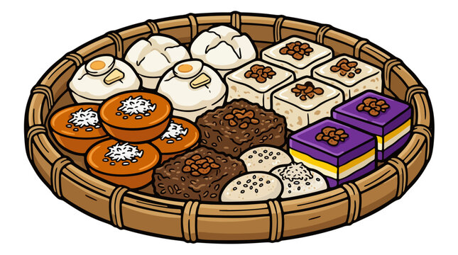 Traditional filipino kakanin assorted rice cakes on bamboo tray vector illustration