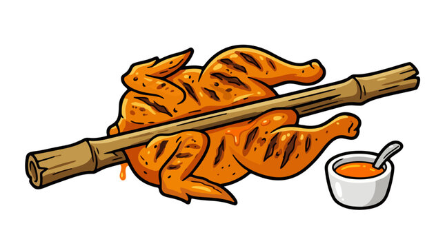 Filipino grilled chicken inasal on bamboo skewer with basting sauce vector illustration