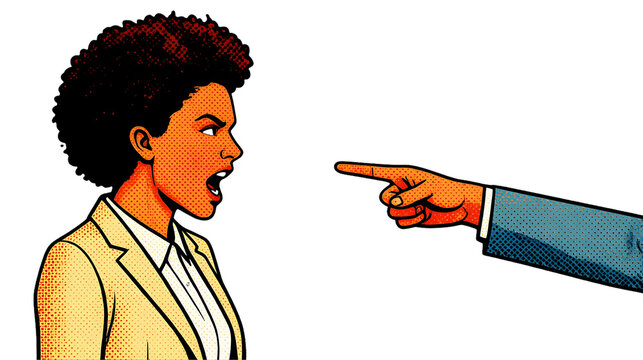 Pop-art comic illustration of a startled woman in a suit being pointed at angrily by an off-frame hand.