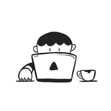 man working in front of laptop front view angle doodle cartoon hand drawn line art illustration