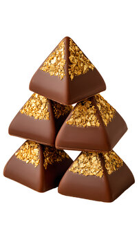 Pyramid-shaped milk chocolates sprinkled with edible gold flakes, stacked as luxurious bite-sized confections.