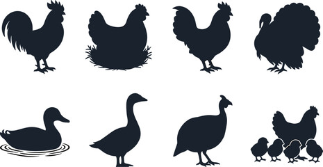 Obraz premium Poultry Farm Bird Silhouette Collection Vector Set Featuring Rooster Hen Turkey Duck Goose Guinea Fowl Chicks