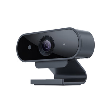 Black computer webcam for video calls and streaming on a modern desk setup for office meetings