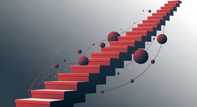 Red staircase ascending diagonally with floating spheres against a gradient background