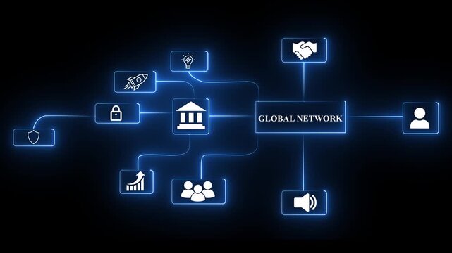 Gobal network animation with futuristic digital icons for worldwide connectivity, artificial intelligence integration, and international business data management.