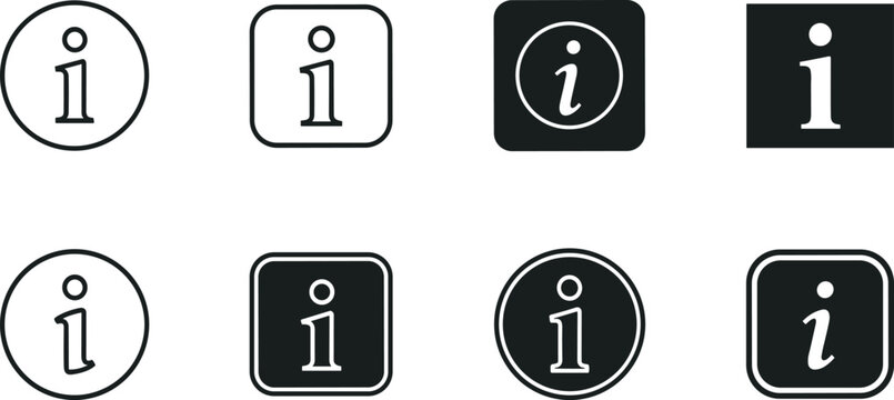 Set of various information icons, including outline and solid designs within circles and squares.