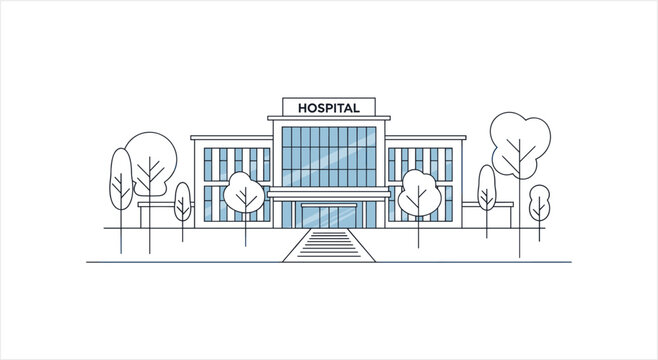 Modern Hospital Building Exterior Facade with Trees.