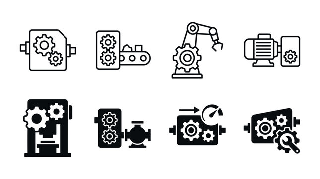 Industrial machinery gearbox and robotic arm icon set with industrial automation manufacturing engineering conveyor