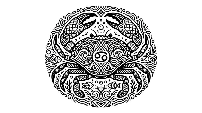 Ornate tribal crab mandala with marine life and sea patterns
